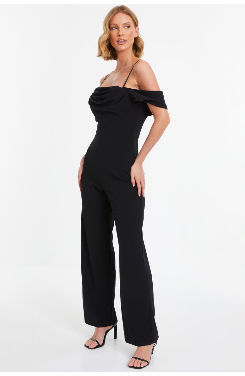 QUIZ Scuba Crepe Cold Shoulder Palazzo Jumpsuit, Alternate, color, Black