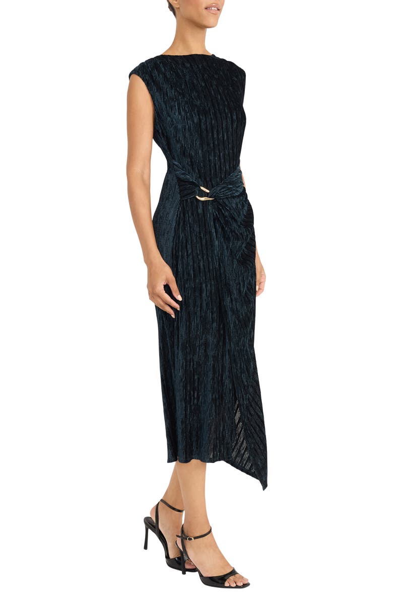 Maggy London Cap Sleeve Asymmetric Burnout Velvet Midi Dress, Alternate, color, Spruce