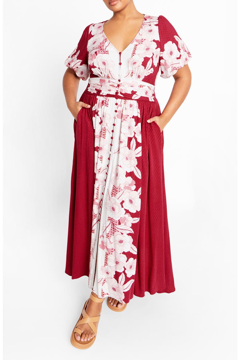 Sybelle Floral Shirred Waist Maxi Dress, Main, color, RED