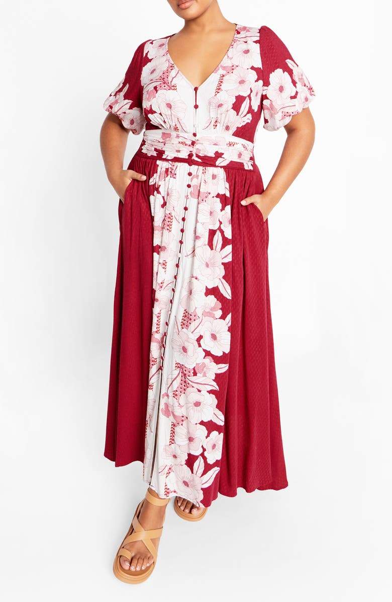 City Chic Sybelle Floral Shirred Waist Maxi Dress, Main, color, Red