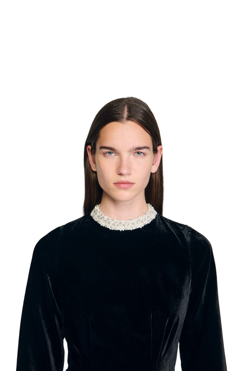 SANDRO Beaded velvet short dress, Alternate, color, Black