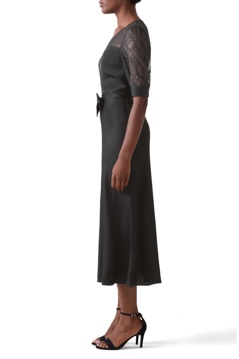 Madalena Belted Matte Satin Midi Dress, Alternate, color, BLACK