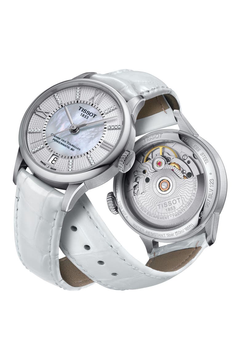 Chemin Des Tourelles Diamond Leather Strap Watch, 32mm, Alternate, color, WHITE/MOTHER OF PEARL/SILVER