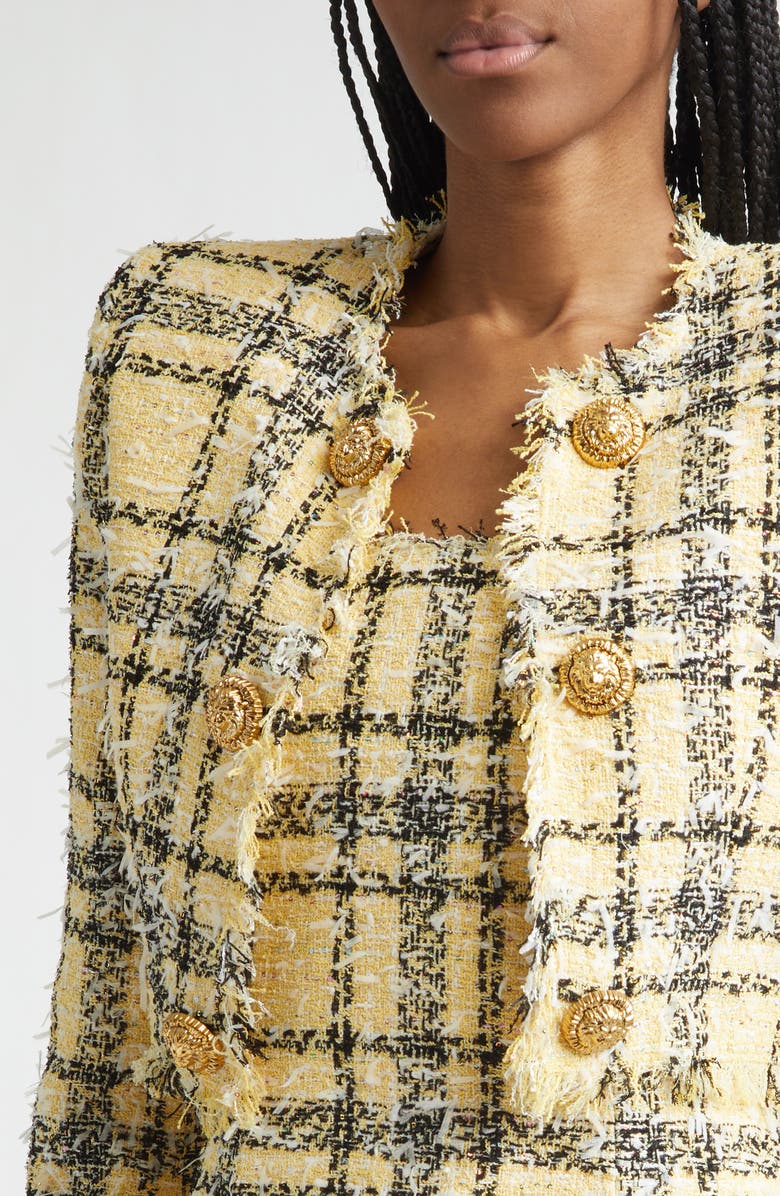 Balmain Glitter Plaid Tweed Crop Jacket, Alternate, color, Multi Yellow