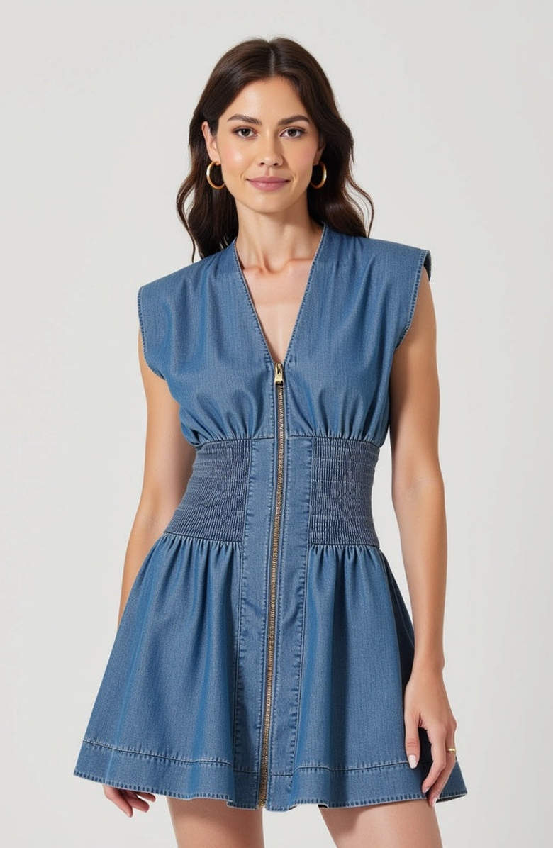 Modenaire Denim Mini Dress with Cap Sleeves and Smocked Waist, Main, color, Denim Blue