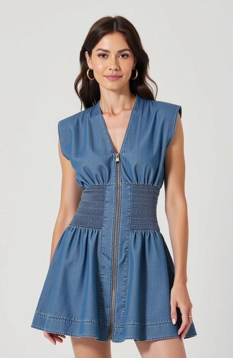 Denim Mini Dress with Cap Sleeves and Smocked Waist
