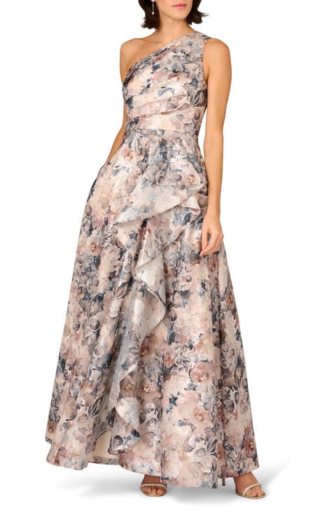 Metallic Jacquard Ruffle One-Shoulder Ballgown