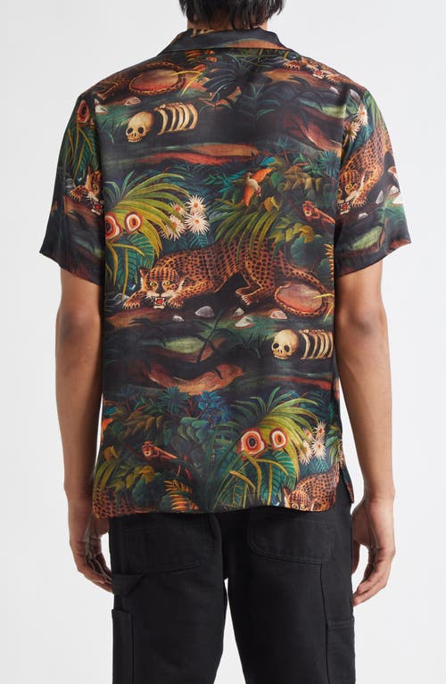Endless Joy Jungle Print Silk Satin Camp Shirt In Black Multi