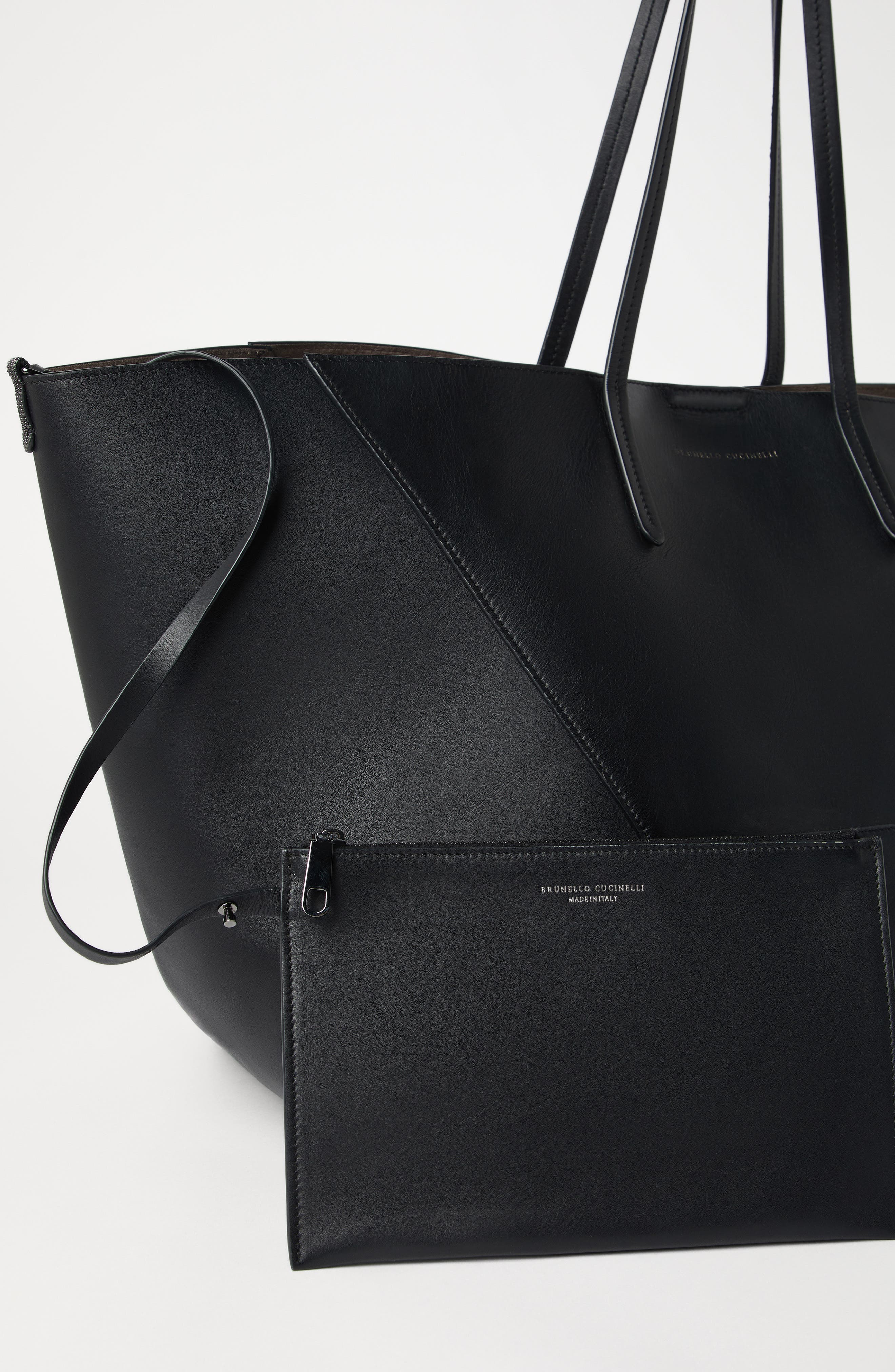 Brunello Cucinelli Calfskin large BC Duo bag, Alternate, color, Black