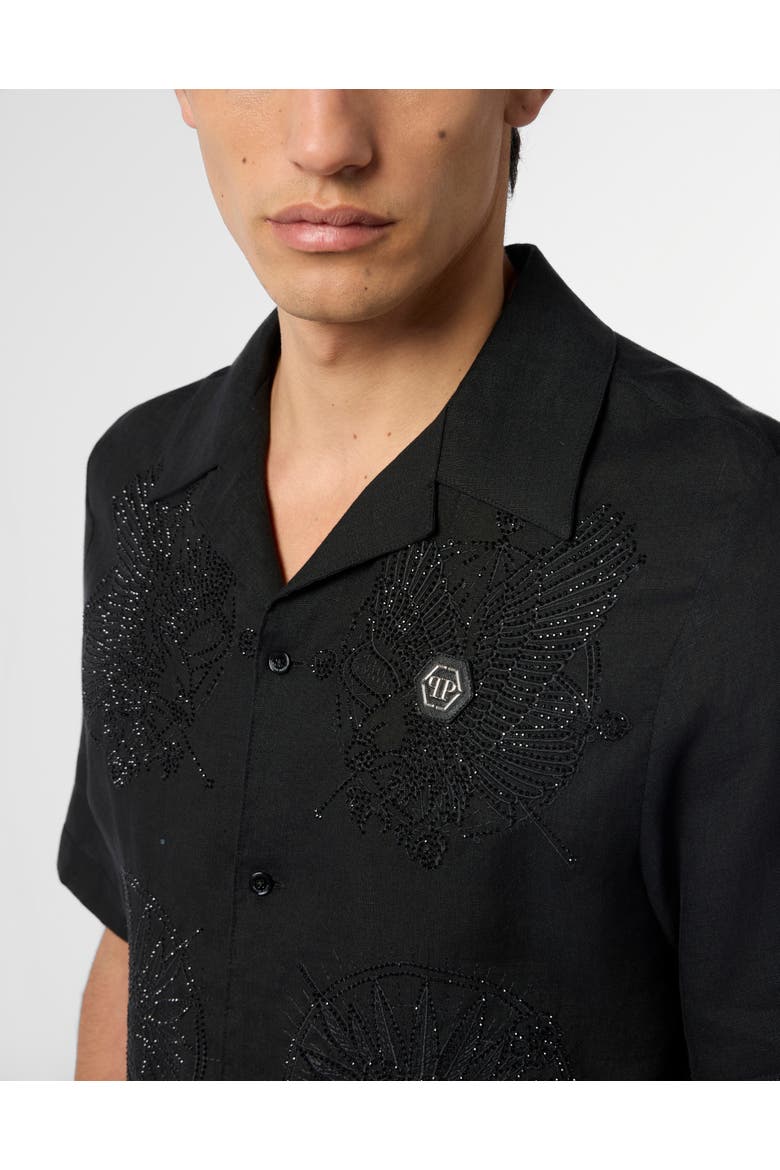 Embroidered Linen Bowling Shirt Tattoo Strass Men, Alternate, color, black/black