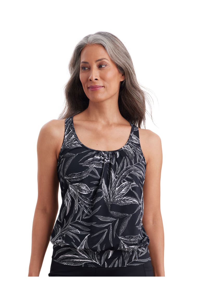 Shirred Neck Blouson Mastectomy Tankini Swimsuit Top, Main, color, Leaf Encounter
