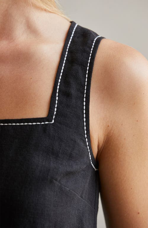 CRESCENT CRESCENT EMBROIDERED CONTRAST STITCH SQUARE NECK LINEN TOP