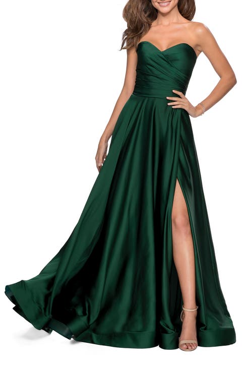 Strapless Satin Gown with Pleated Bodice and Slit