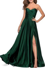 La Femme Strapless Satin Gown with Pleated Bodice and Slit