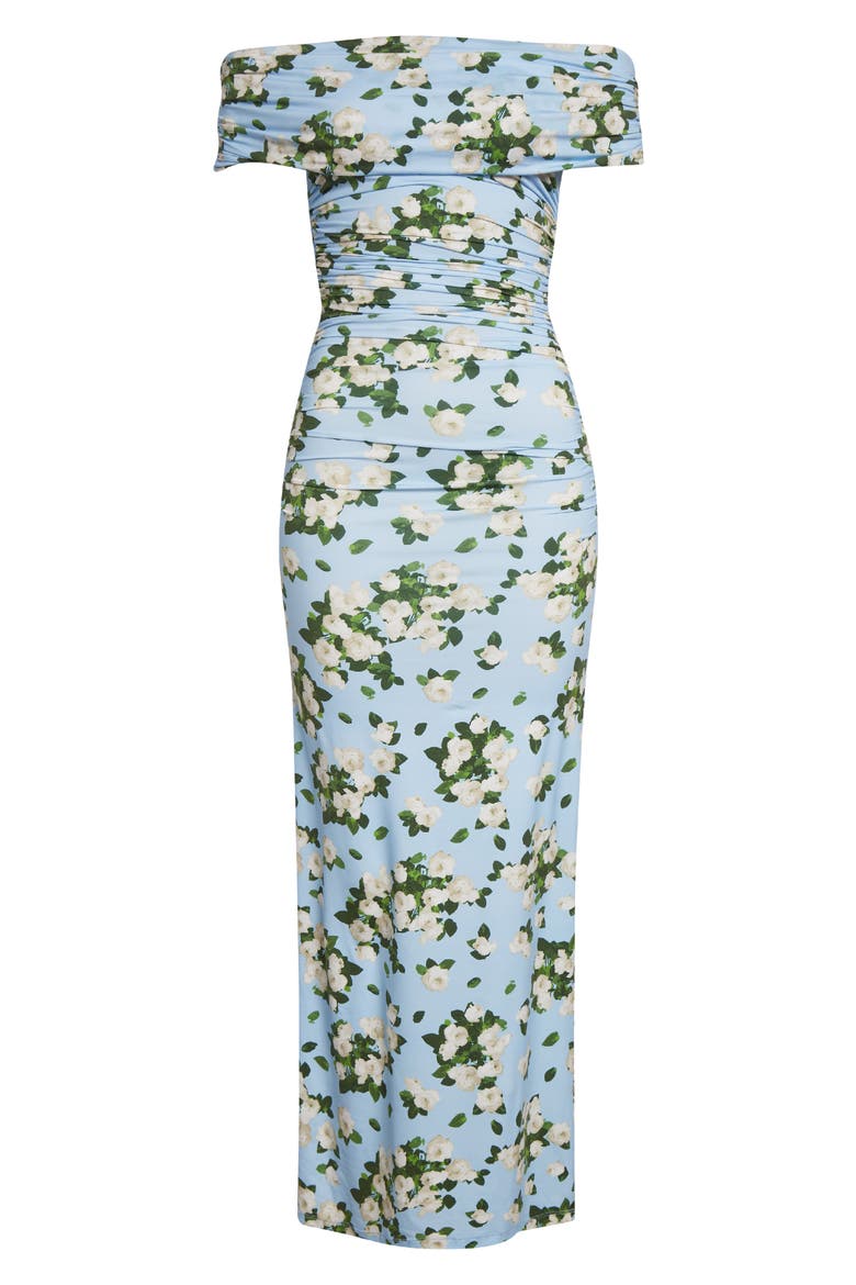 Floral Print Ruched Off the Shoulder Jersey Dress, Alternate, color, CLOUDY BLUE MULTI