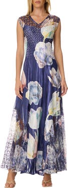 Komarov Floral Lace Up Back Maxi Dress Indigo Bloom