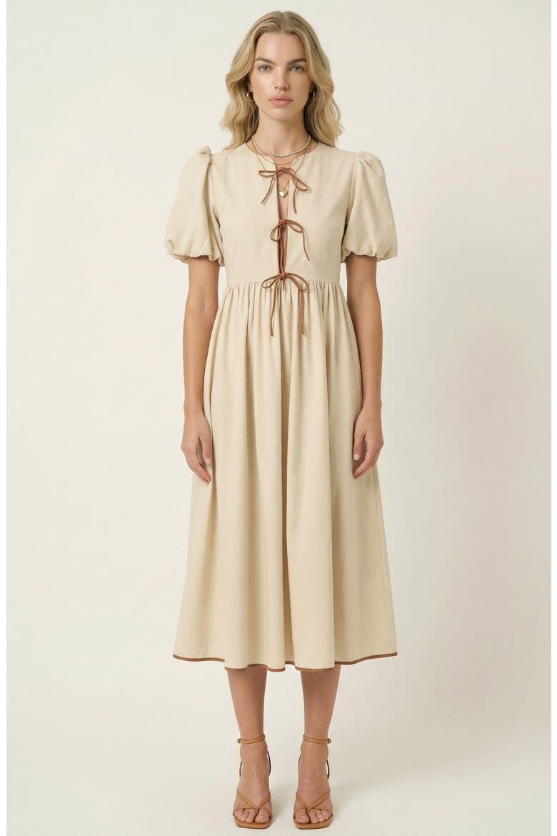 Midi Puff Sleeve Dress with Contrast Ties and Hemline Trim, Main, color, Off-white / Cream