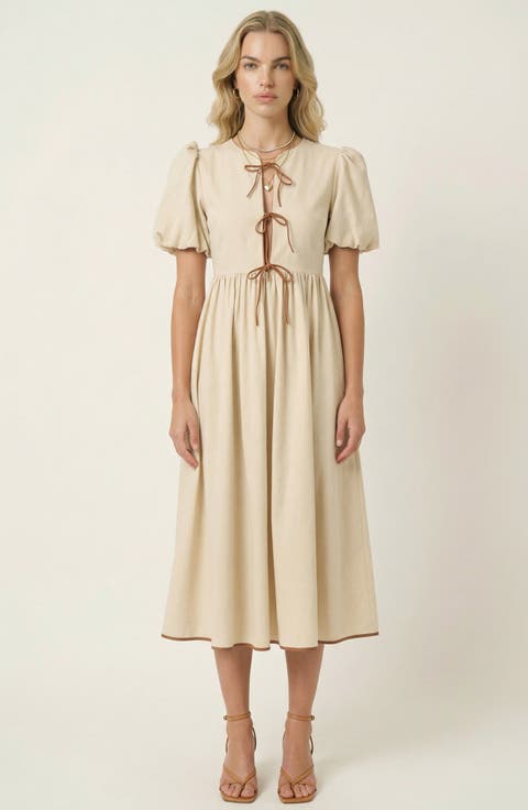 Midi Puff Sleeve Dress with Contrast Ties and Hemline Trim