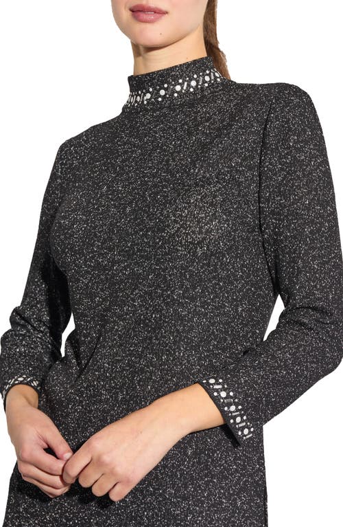 Ming Wang Shimmer Knit Embellished Mock Neck Tunic In Black/silver