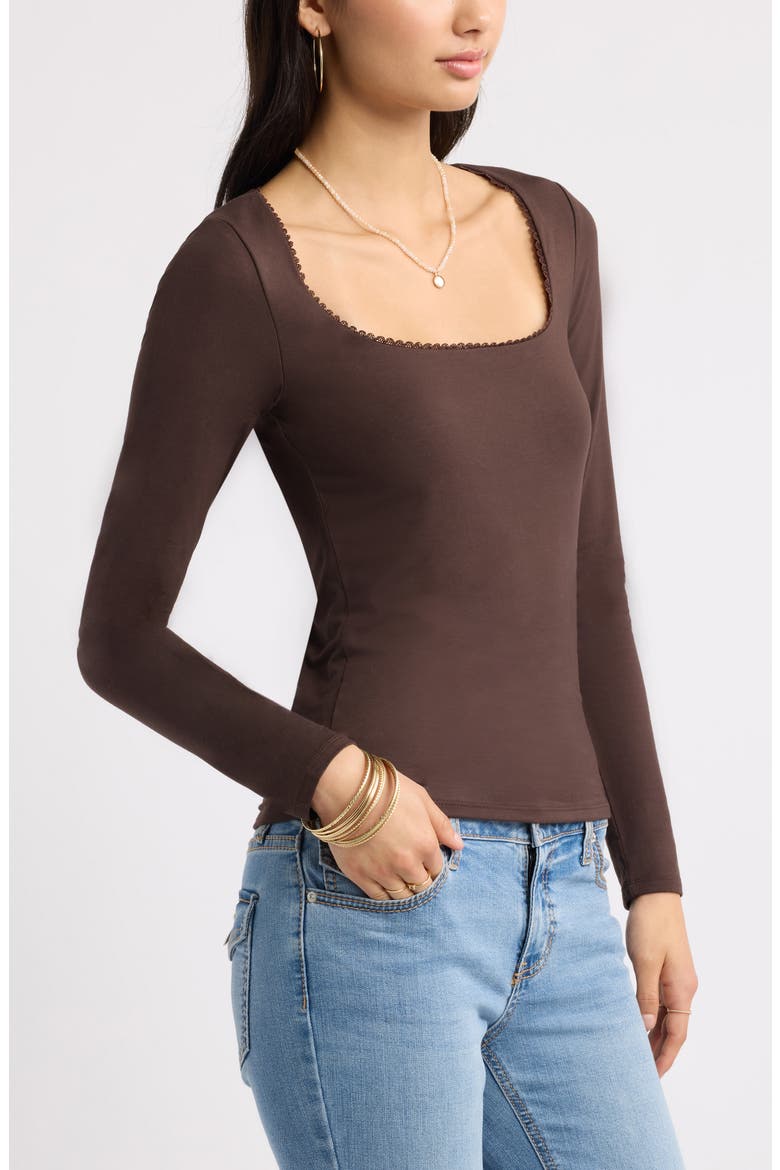 Lace Trim Square Neck Long Sleeve Top, Alternate, color, BROWN COFFEE