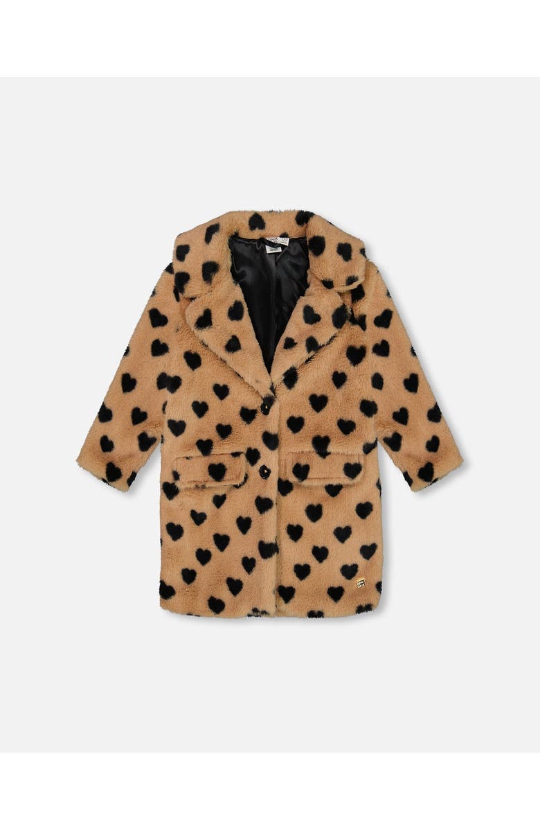 Deux par Deux Girl's Faux Fur Long Coat Caramel Printed Heart, Main, color, 