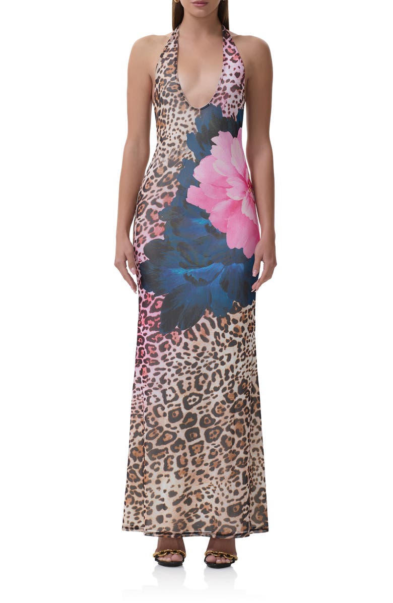 AFRM Paisleigh Mixed Print Halter Neck Maxi Dress, Main, color, Animal Block Peony