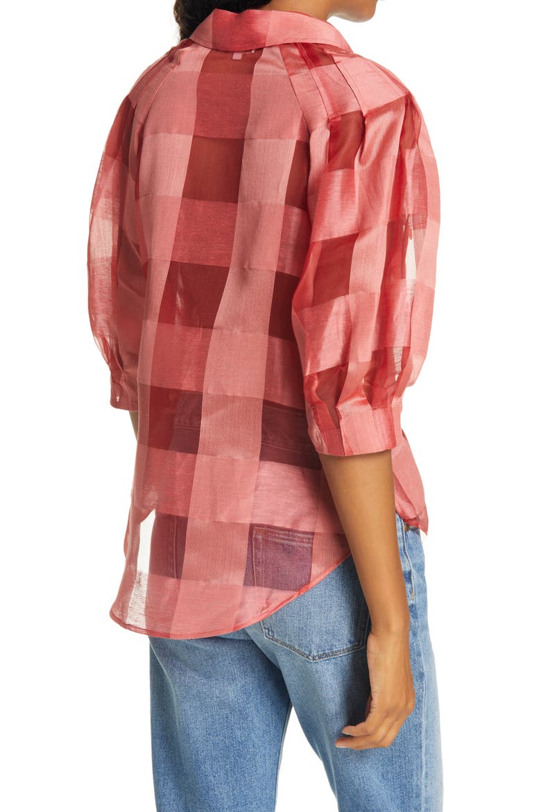 Check Silk & Linen Organza Shirt, Alternate, color, KISS