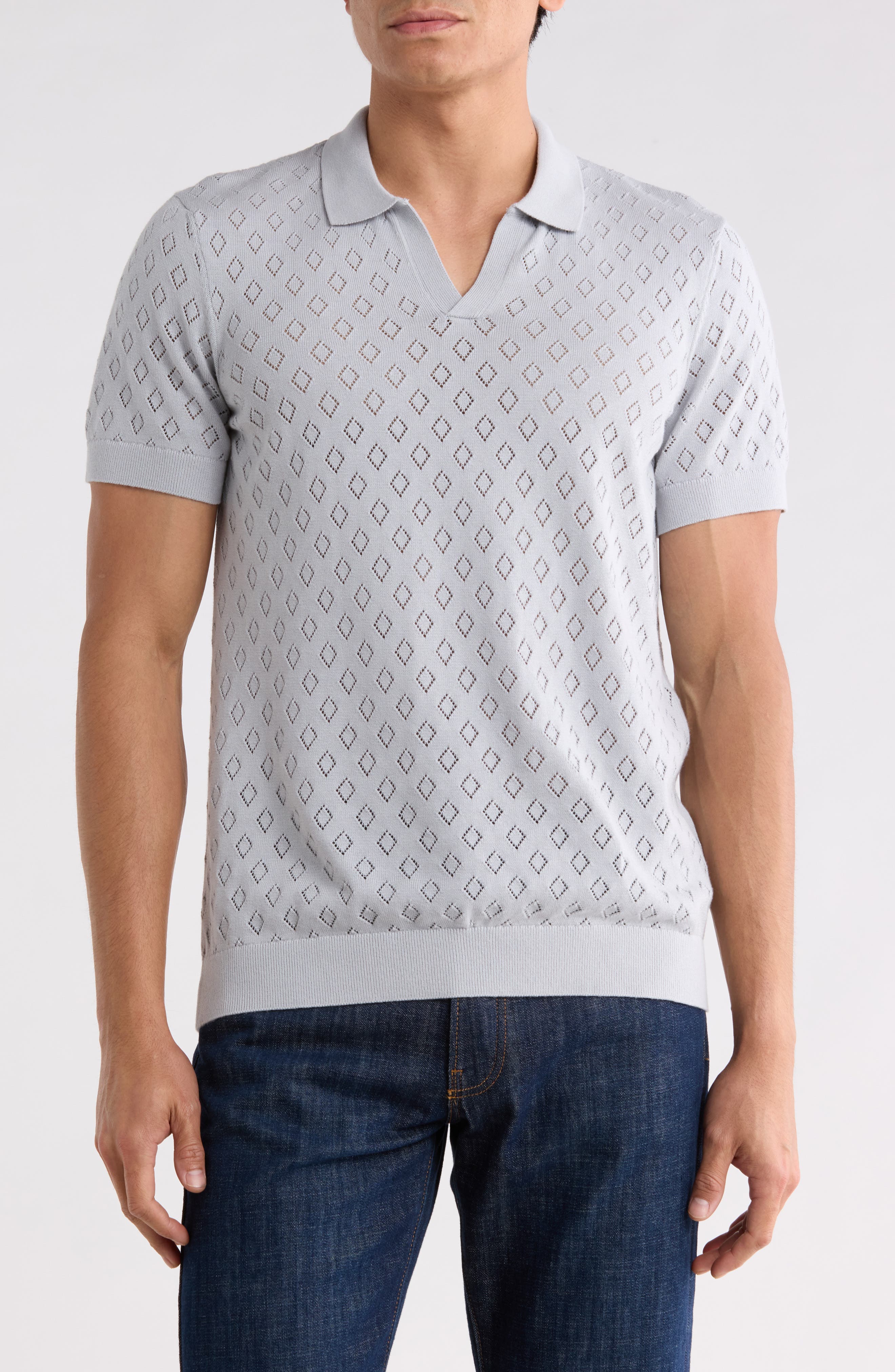 Pointelle Knit Johnny Collar Polo