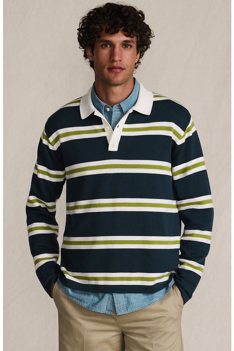 Long Sleeve Cotton Rugby Sweater Polo, Main, color, French Navy/Lime Stripe