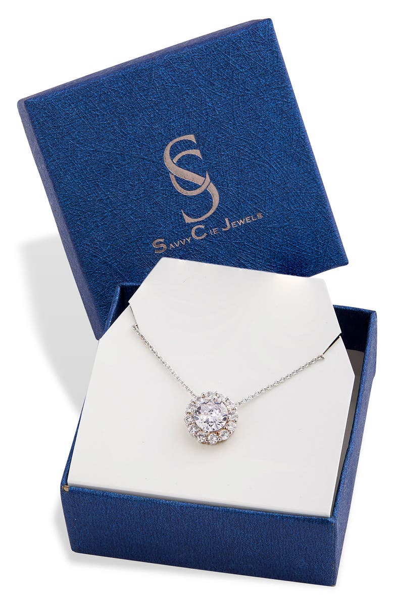 SAVVY CIE JEWELS Rhodium Plated White CZ Halo Pendant, Main, color,
