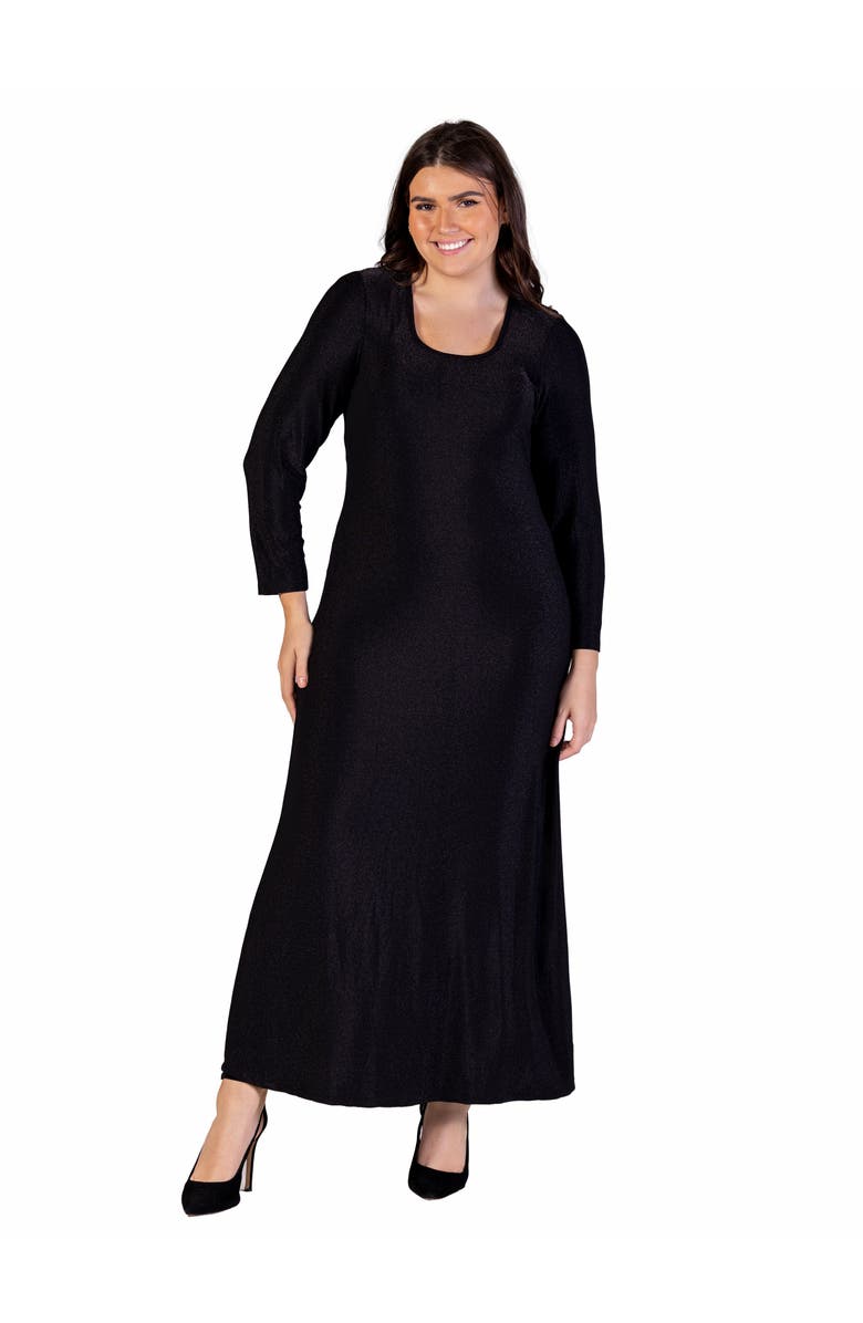 24seven Comfort Apparel Long Sleeve Scoop Neck Shimmery Fabric Maxi Dress, Main, color, Black