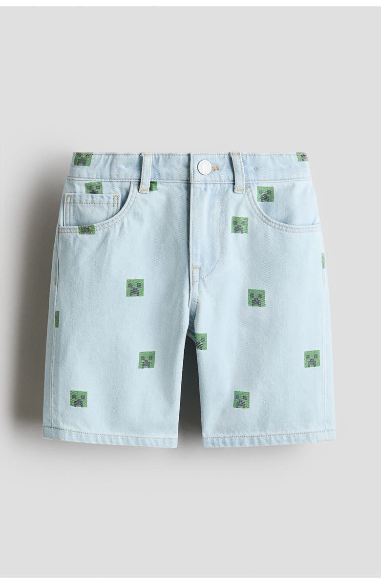 H&M Printed denim shorts, Main, color, Light Denim Blue/Minecraft