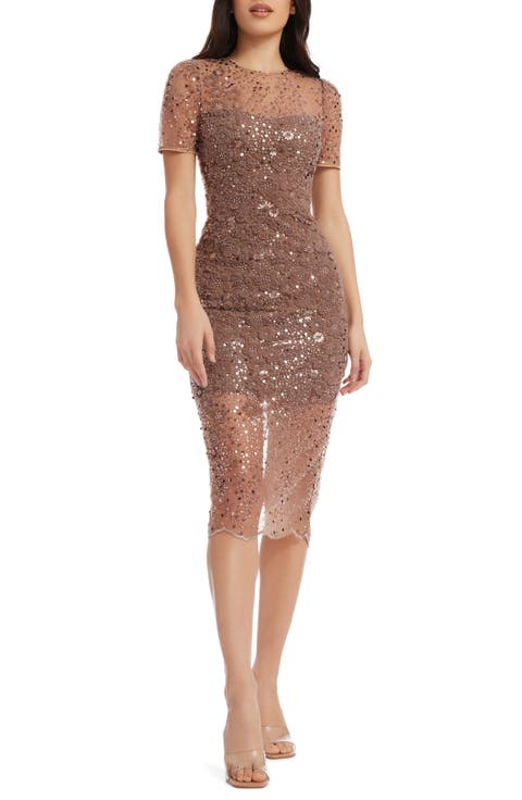 Lia Sequin Illusion Mesh Overlay Midi Cocktail Dress