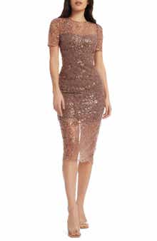 Dress the Population Lia Sequin Illusion Mesh Overlay Midi Cocktail Dress