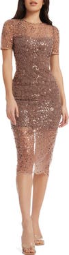Dress the Population Lia Sequin Illusion Mesh Overlay Midi Cocktail Dress