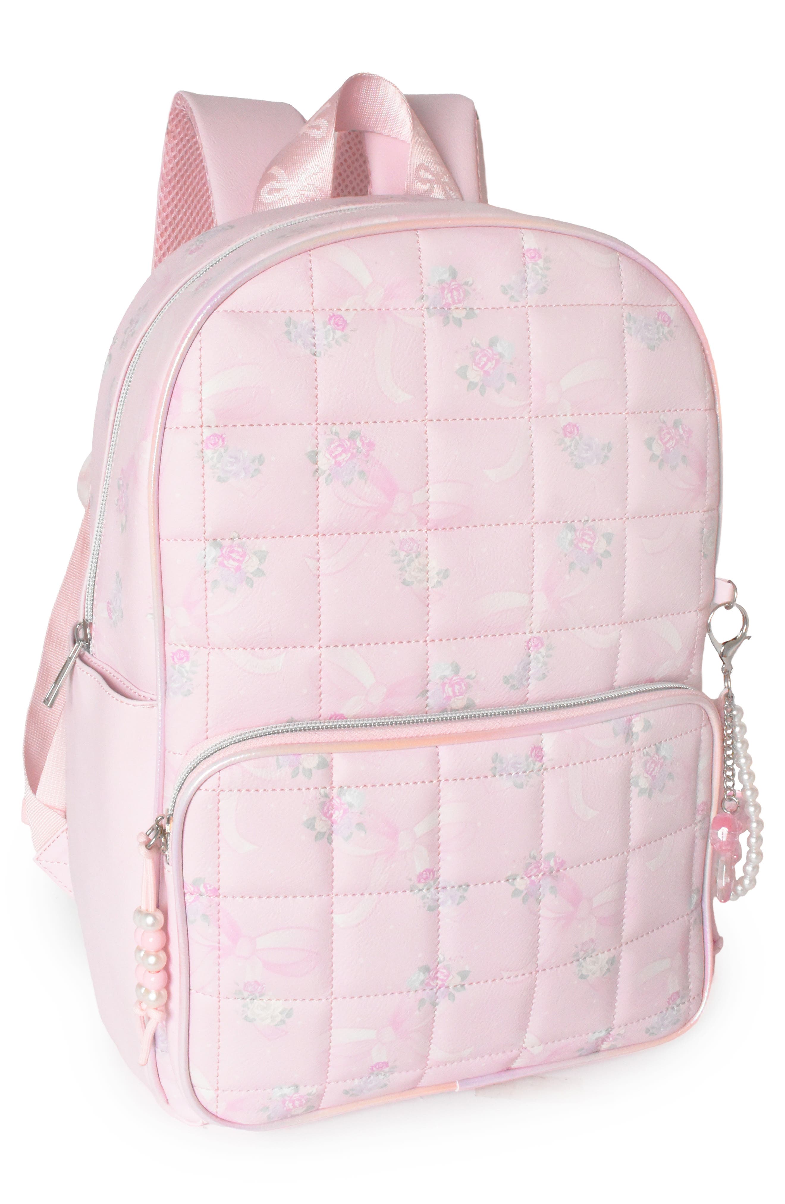Large Bow Floral Quilted Backpack, Alternate, color, POWDER PINK