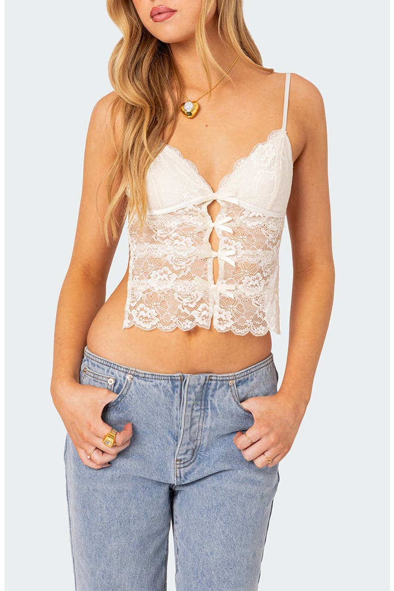 Cara Sheer Lace Tie Back Camisole, Main, color, CREAM