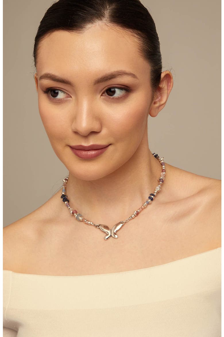 Crystal Beaded Butterfly Necklace, Alternate, color, Silver