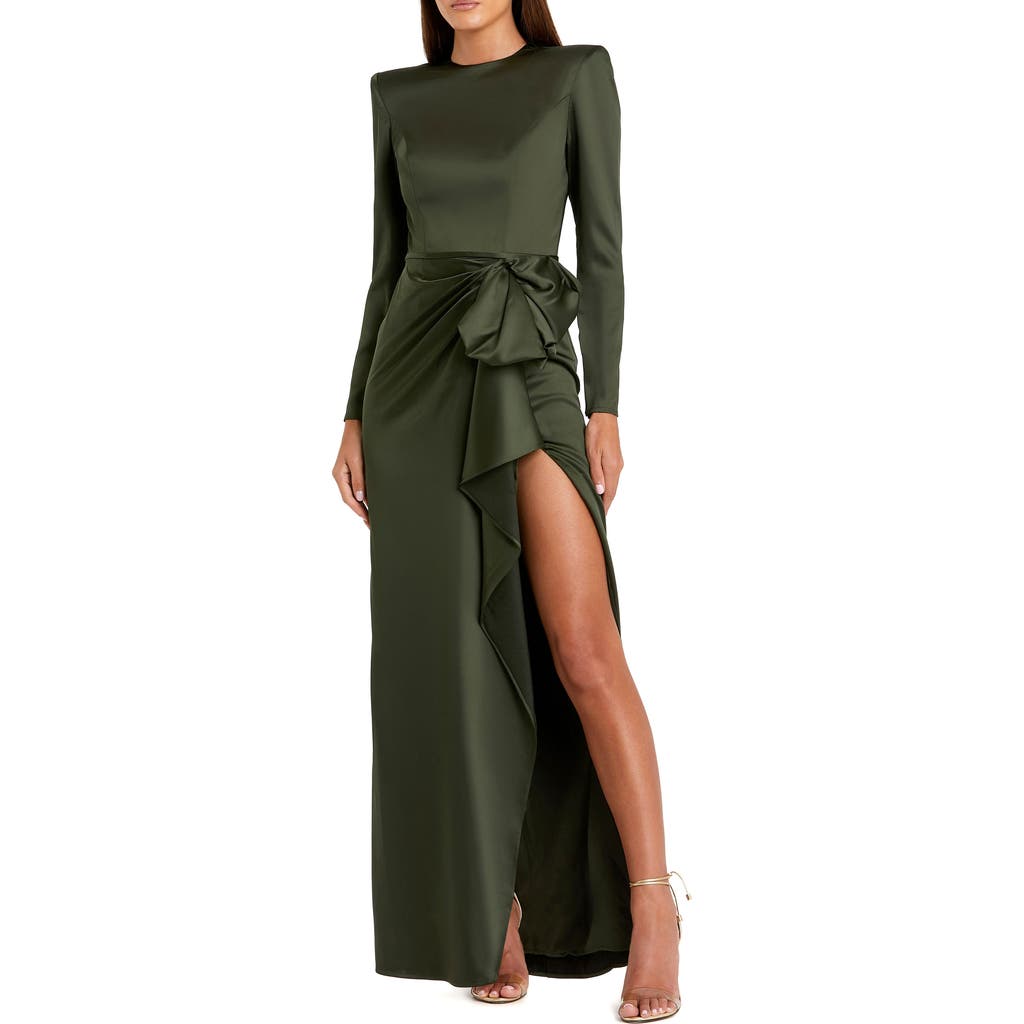 Mac Duggal Long Sleeve Structured Bow Draped Column Gown In Olive