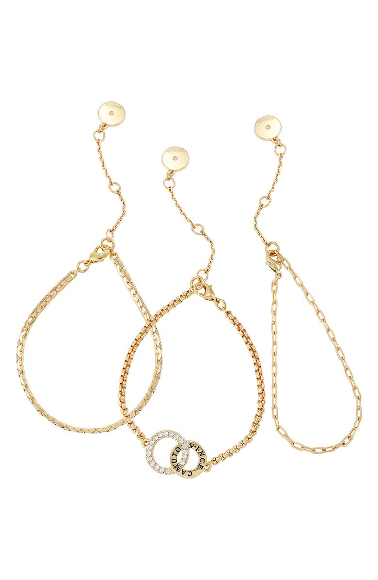 Vince Camuto Set of 3 Stark Logo Assorted Chain Bracelets, Main, color, Gold Tone