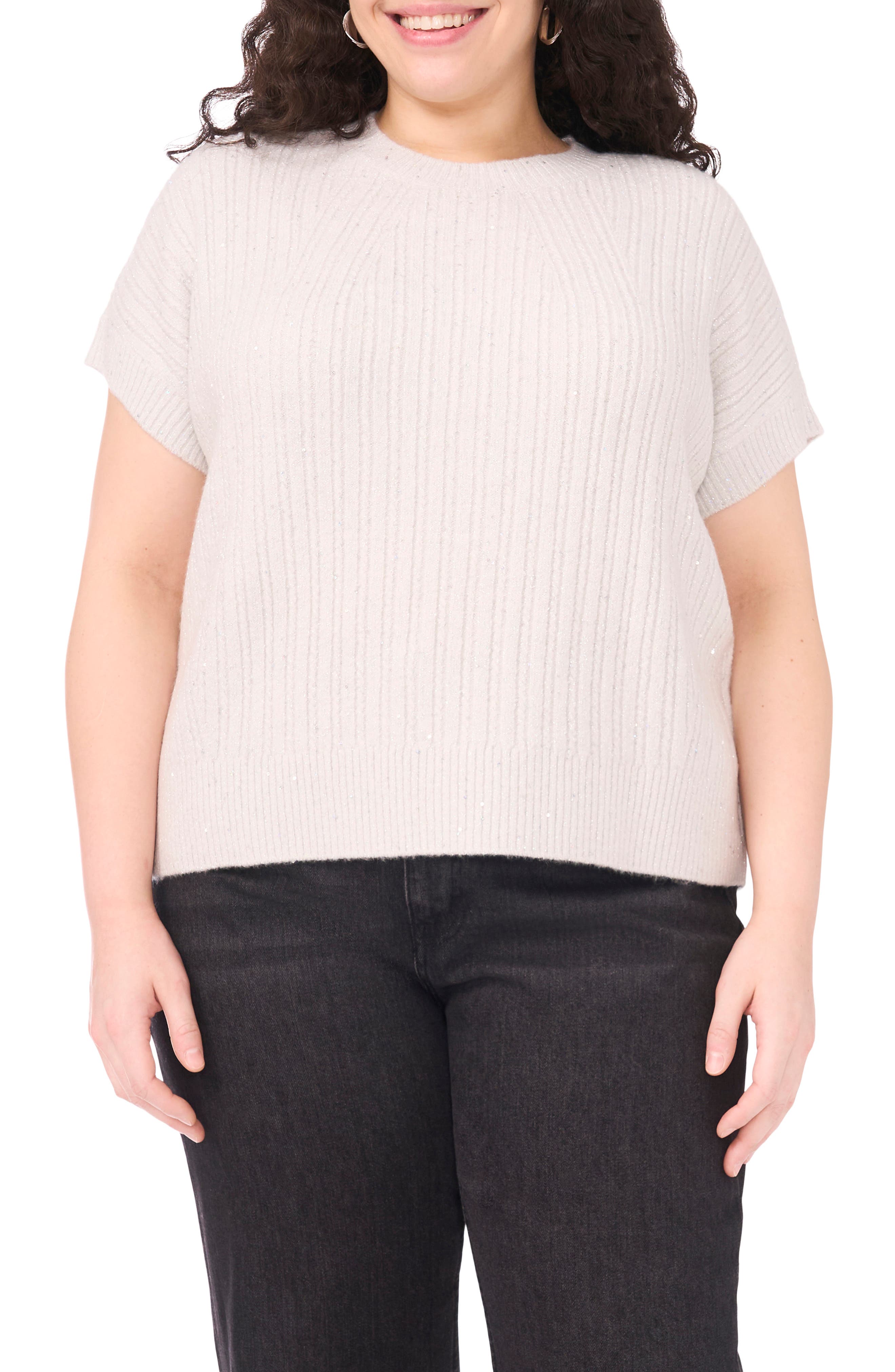 Vince Camuto Metallic Short Sleeve Crewneck Sweater