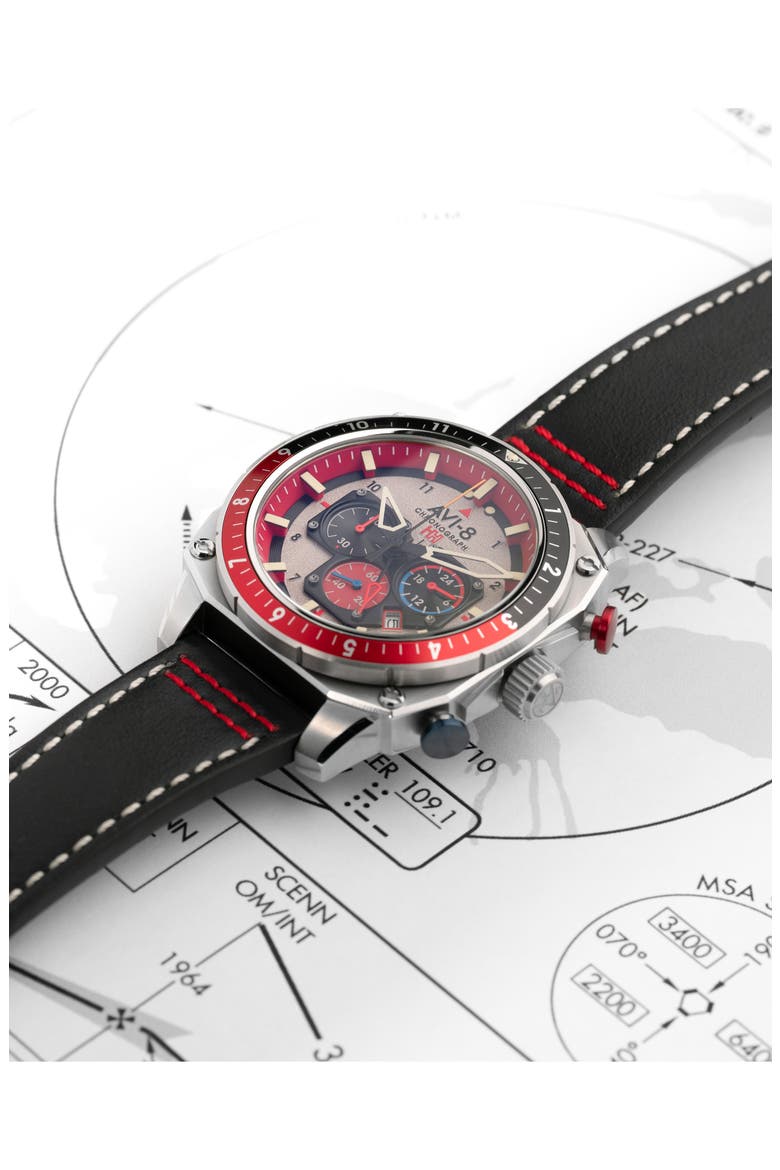 Hawker Hunter Atlas Hazard Red Dual Time Chronograph Leather Strap Watch, 43mm, Alternate, color, GREY