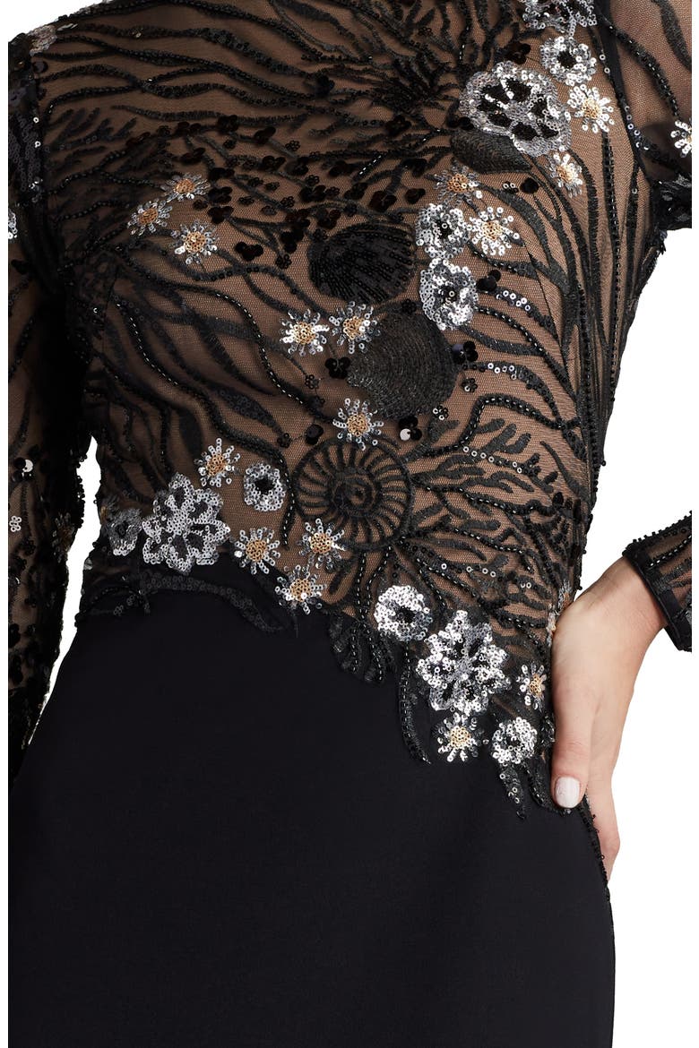 Sequin Lace Bodice Long Sleeve Gown, Alternate, color, BLACK/NUDE