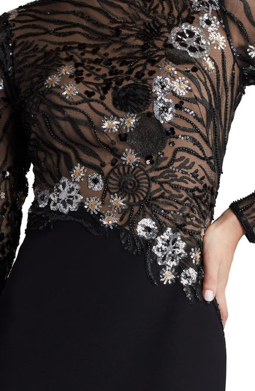 Tadashi Shoji Sequin Lace Bodice Long Sleeve Gown