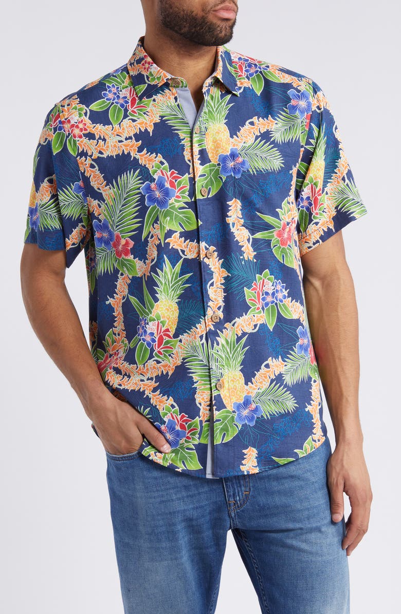 Tommy Bahama Lei in Paradise Tropical Print Short Sleeve Silk Blend Button-Up Shirt, Main, color,