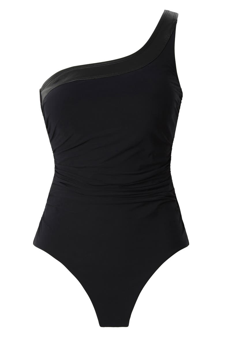 Motochic Lita Faux Leather Trim One-Shoulder One-Piece Swimsuit, Alternate, color, BLACK