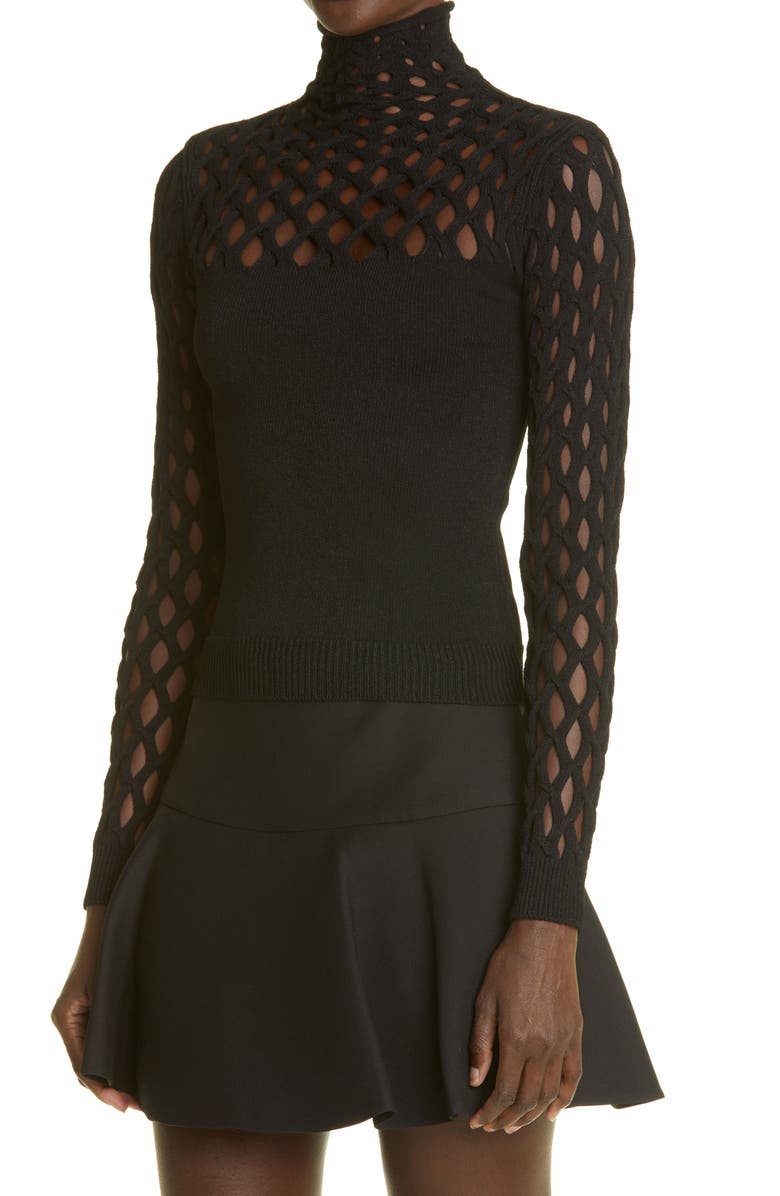 Valentino Net Mock Neck Sweater, Alternate, color, Nero