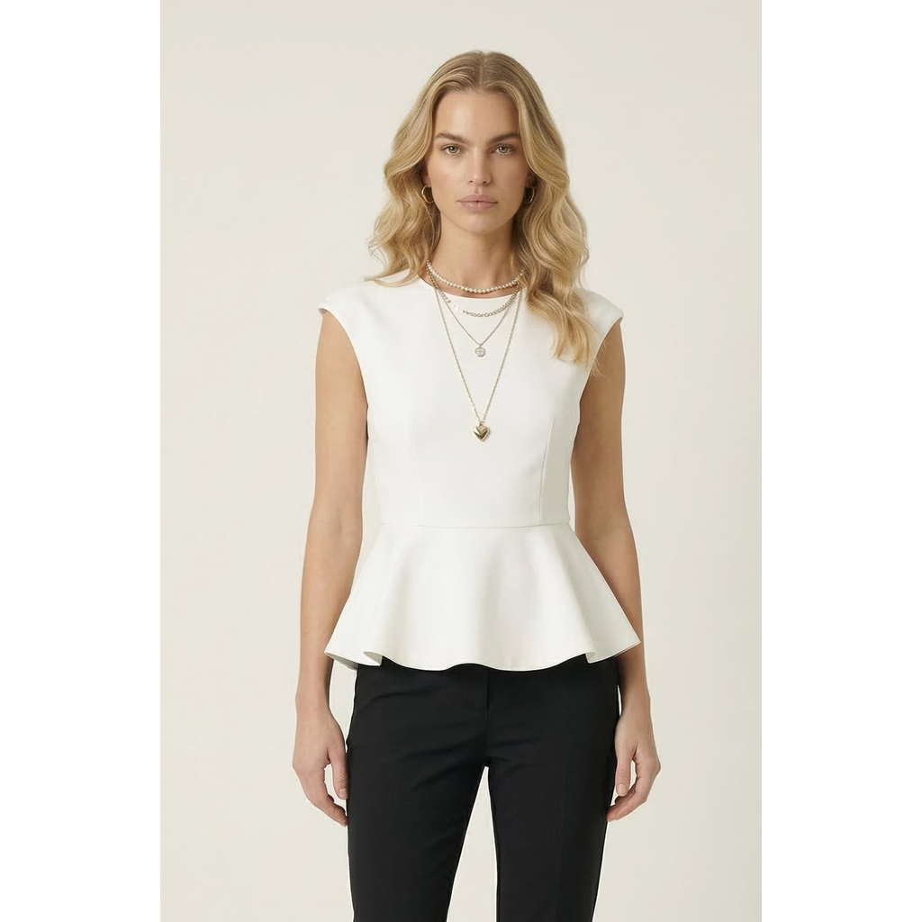 Modenaire Structured Cap Sleeve Peplum Top In White
