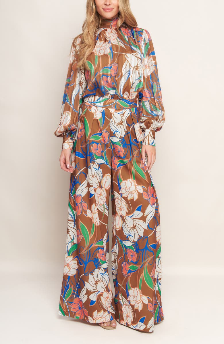 FLYING TOMATO Floral Mock Neck Long Sleeve Top, Alternate, color, Brown