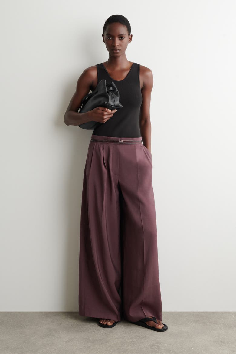 Pleated Modal Wide-leg Trousers, Alternate, color, DARK RED